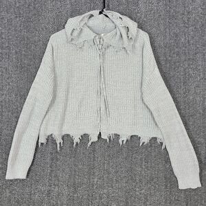 Full Circle Trends Hooded Sweater Womens L Gray Distressed Crop Hoodie Cardigan